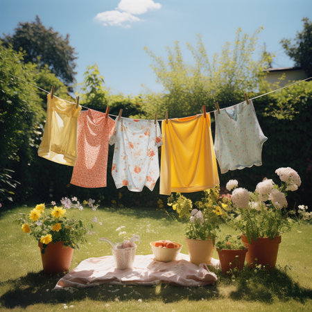 Laundry drying on clothesline in the garden at summer.の素材
