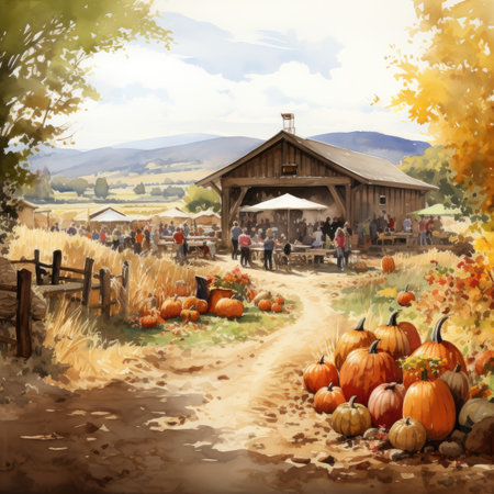Pumpkin farm in autumn. Digital watercolor painting.の素材