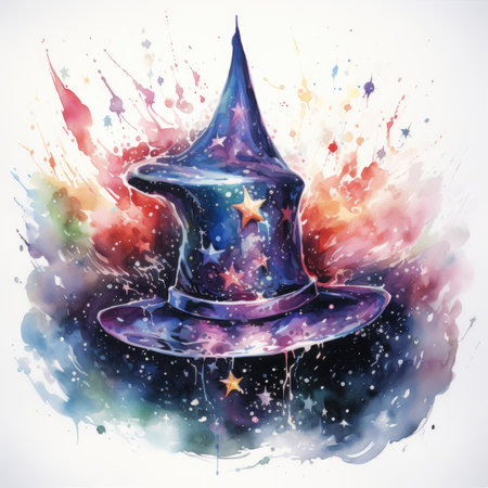 Magic hat with magic wand and stars. Colorful watercolor illustrationの素材