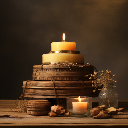 Still life with burning candles on wooden table over dark background. Shallow depth of fieldの素材