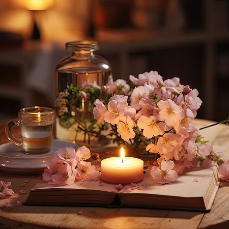 Burning candle and book with flowers on wooden table in dark roomの素材