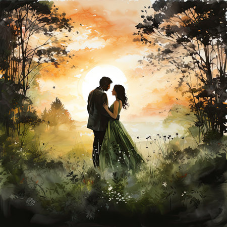 Wedding couple in the forest at sunset.の素材