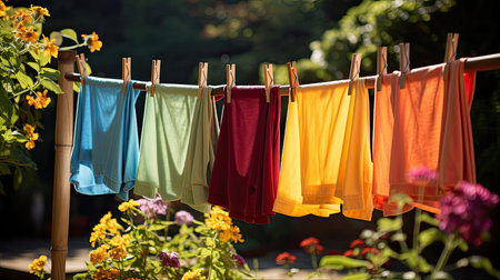 Laundry drying on a clothesline in a summer garden.の素材