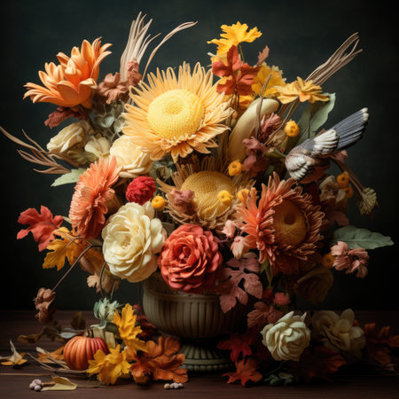 Autumn bouquet of dried flowers in a vase on a dark backgroundの素材