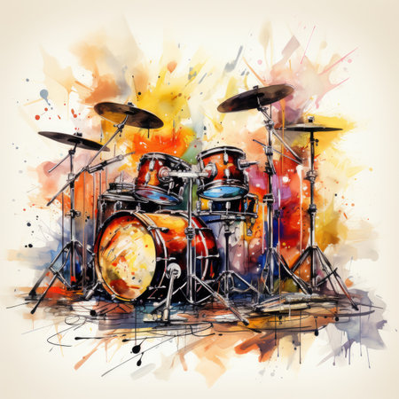 Drum set on watercolor splashes background. Hand drawn illustrationの素材