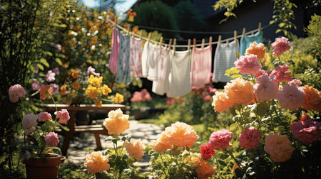 Roses and clothespins on the clothesline in the summer garden.の素材