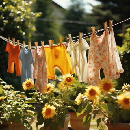 Baby clothes hanging on a clothesline, sunflowers in the backgroundの素材