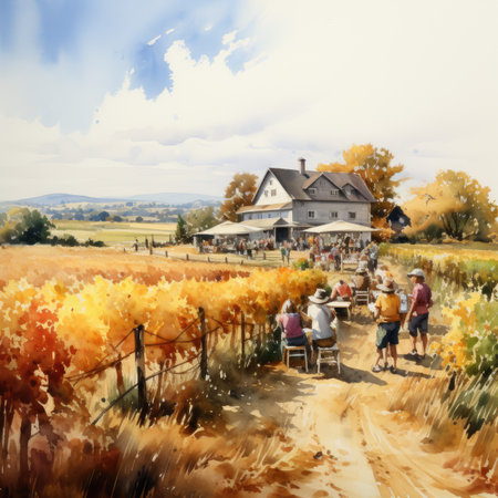 Vineyard with people on a sunny autumn day.の素材