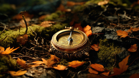 Vintage compass and autumn leaves on moss background.の素材
