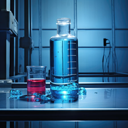 Laboratory glassware with blue liquid on the table in blue light.の素材