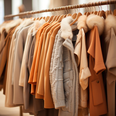 Clothes hang on a rack in the store. Women's Clothingの素材