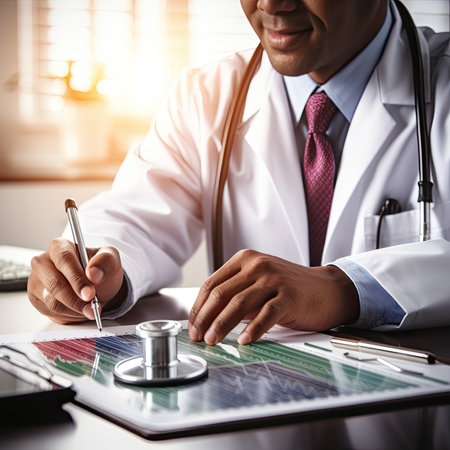 Close-up of a male doctor sitting at the table and working with documents in the officeの素材