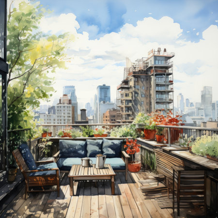 a terrace with a view of the cityscapeの素材