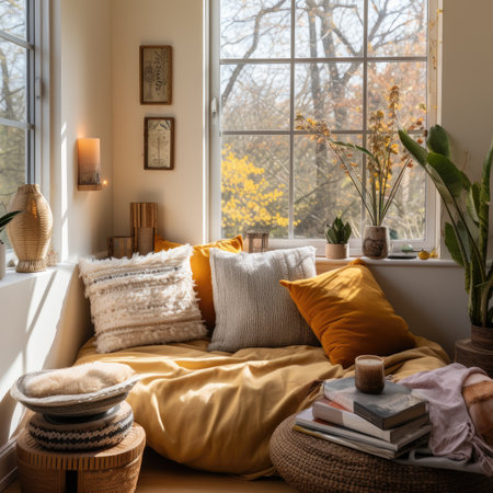 Cozy scandinavian bedroom interior with yellow pillows, plaids, books and flowers on the windowsillの素材