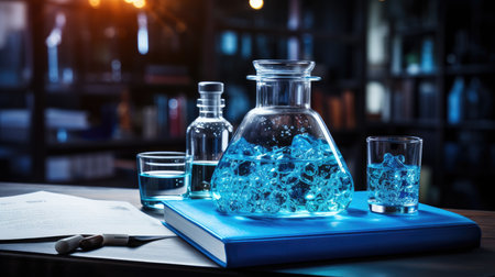 Laboratory glassware with blue liquid. Science and chemistry background.の素材