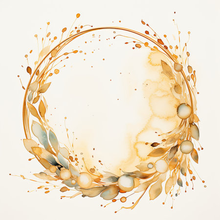 Abstract watercolor background with gold leaves and blots.の素材