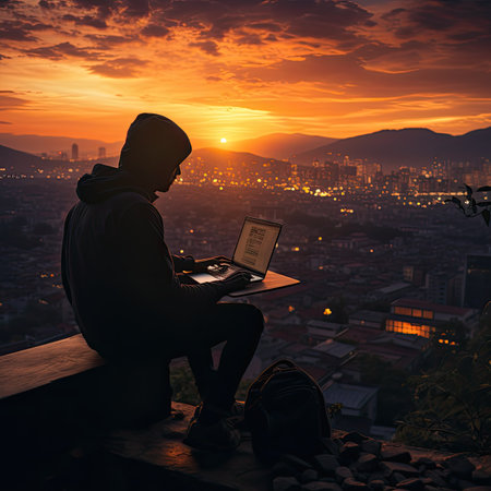 Silhouette of a hacker using a laptop while sitting on a balcony at sunsetの素材