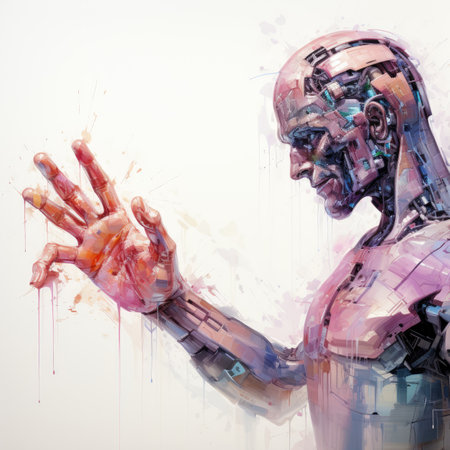 male robot with blood splashes on a white backgroundの素材