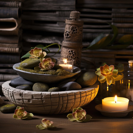 Spa still life with orchids and candles on wooden backgroundの素材