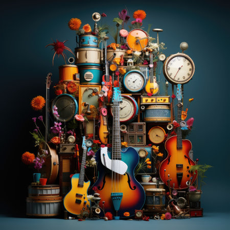 Vintage musical instruments and objects in the style of a collage.の素材