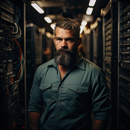 Portrait of a handsome bearded man in a network server room.の素材