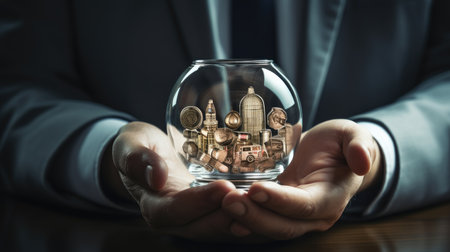 Close up of businessman hands holding glass jar with money inside. Saving and accumulation conceptの素材