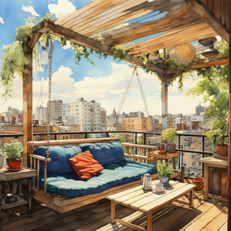 Wooden terrace with a view of the city.の素材