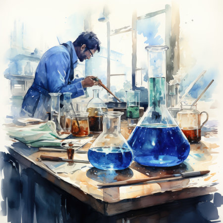 Watercolor scientist working in a chemical laboratory.の素材