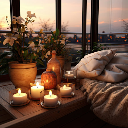 Burning candles in a vase on a wooden window sill in the eveningの素材