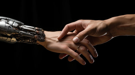Robot hand holding human hand on black background, artificial intelligence conceptの素材