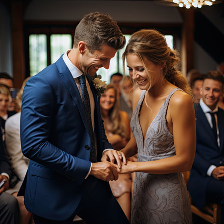 Groom and bride looking at each other during wedding ceremony in a restaurantの素材