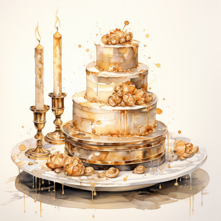 Beautiful wedding cake with candles on a white background, watercolorの素材