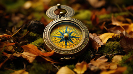 Compass on the ground with autumn leaves, shallow depth of fieldの素材