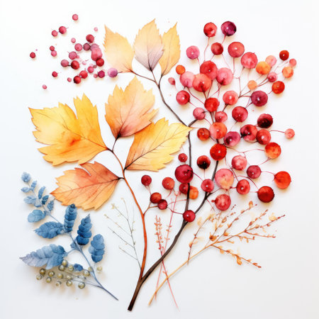 Colorful autumn leaves and berries on white background. Flat lay, top viewの素材