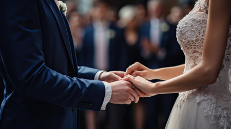Wedding couple holding hands on the background of the church.の素材