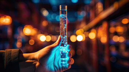 Female hand holding test tube with blue light on bokeh backgroundの素材