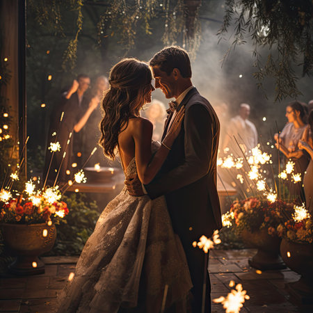 Beautiful bride and groom on the terrace of their wedding dayの素材
