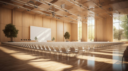 Interior of modern conference room with wooden walls, wooden floor and rows of white chairsの素材