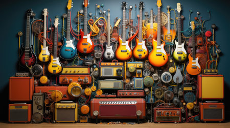 Musical instruments in the form of a wall with old music instrumentsの素材