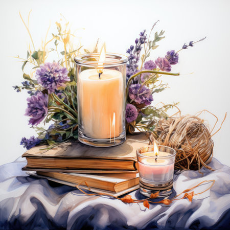 still life with books, candles and dried flowers on a white backgroundの素材