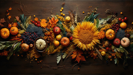 Autumn composition with pumpkins, berries, leaves and fruits on wooden backgroundの素材