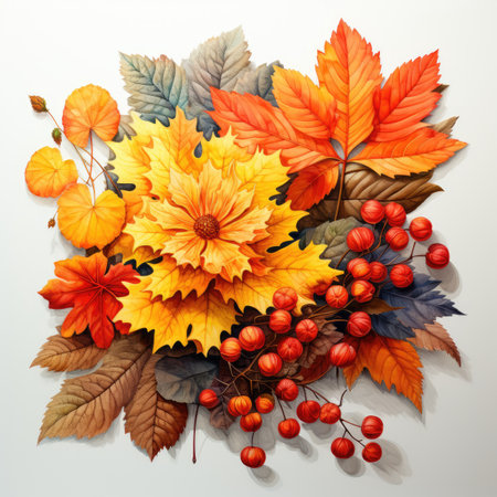 Autumn leaves and berries on white background.の素材