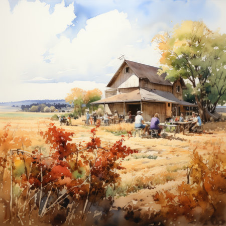 Watercolor painting of a rustic wooden house in the countryside.の素材