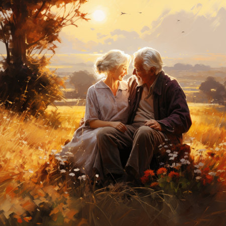 Elderly couple sitting on a bench in a field at sunsetの素材