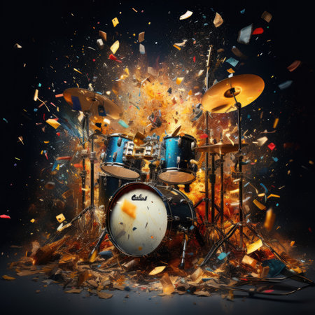 Drum set with fire and confetti on a black background.の素材