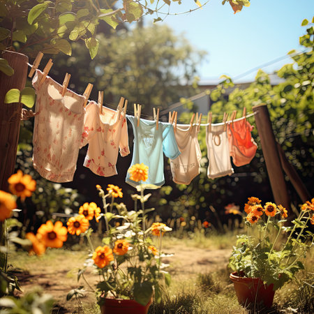 Laundry hanging on a clothesline in the garden on a sunny dayの素材