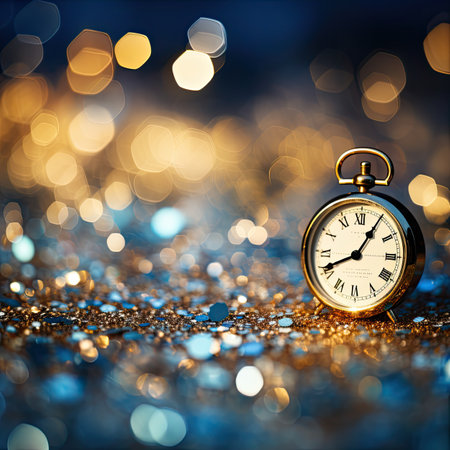 Vintage pocket watch on shiny bokeh background. New Year conceptの素材