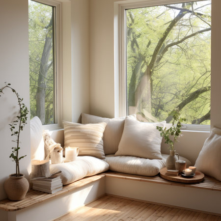 modern living room interior design with white pillows on the windowsillの素材