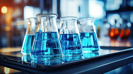 Laboratory glassware with blue liquid, science research and development conceptの素材