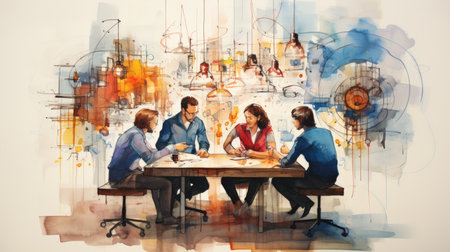 Team of business people working together in office. Digital watercolor paintingの素材